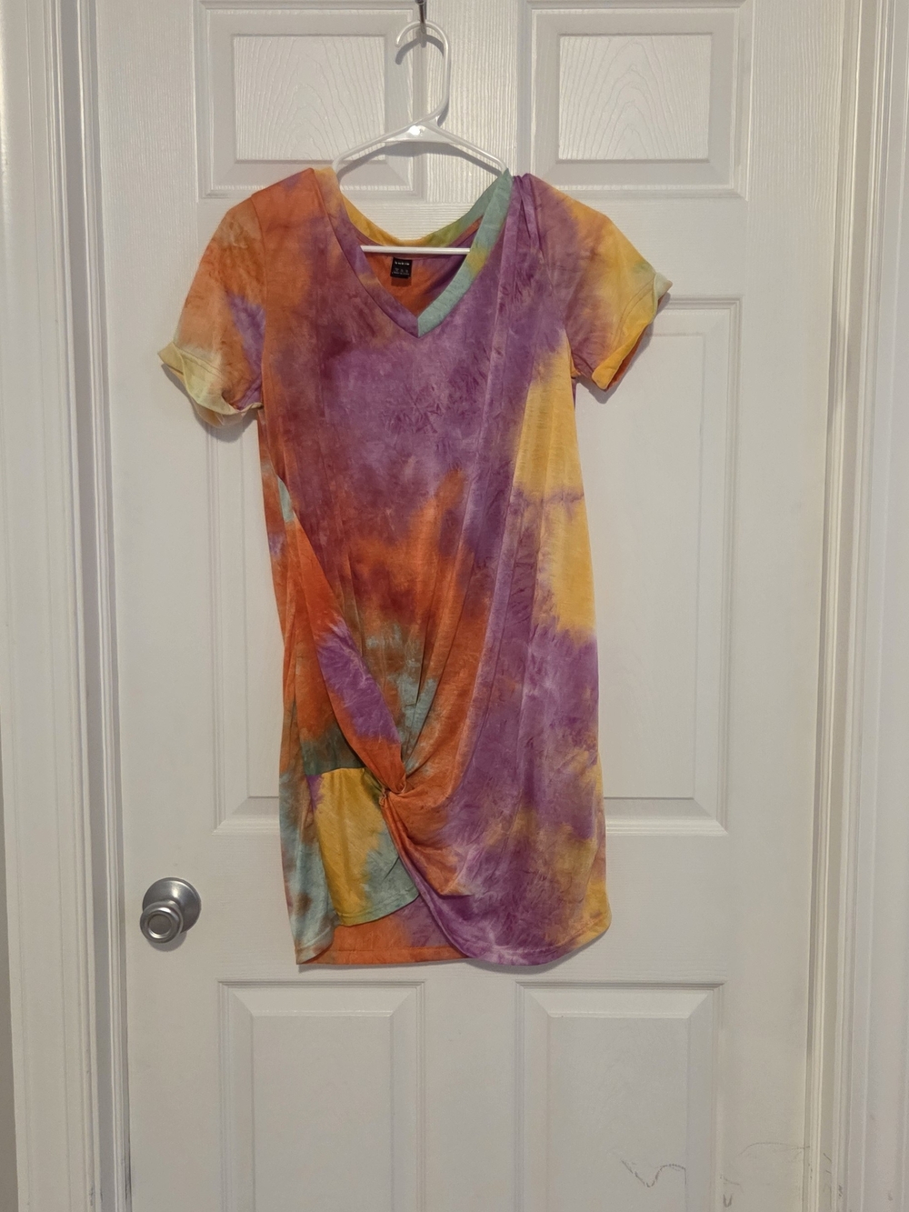 SHEIN Purple Orange Yellow Tie-Dye V-Neck Knot Front Tee Dress